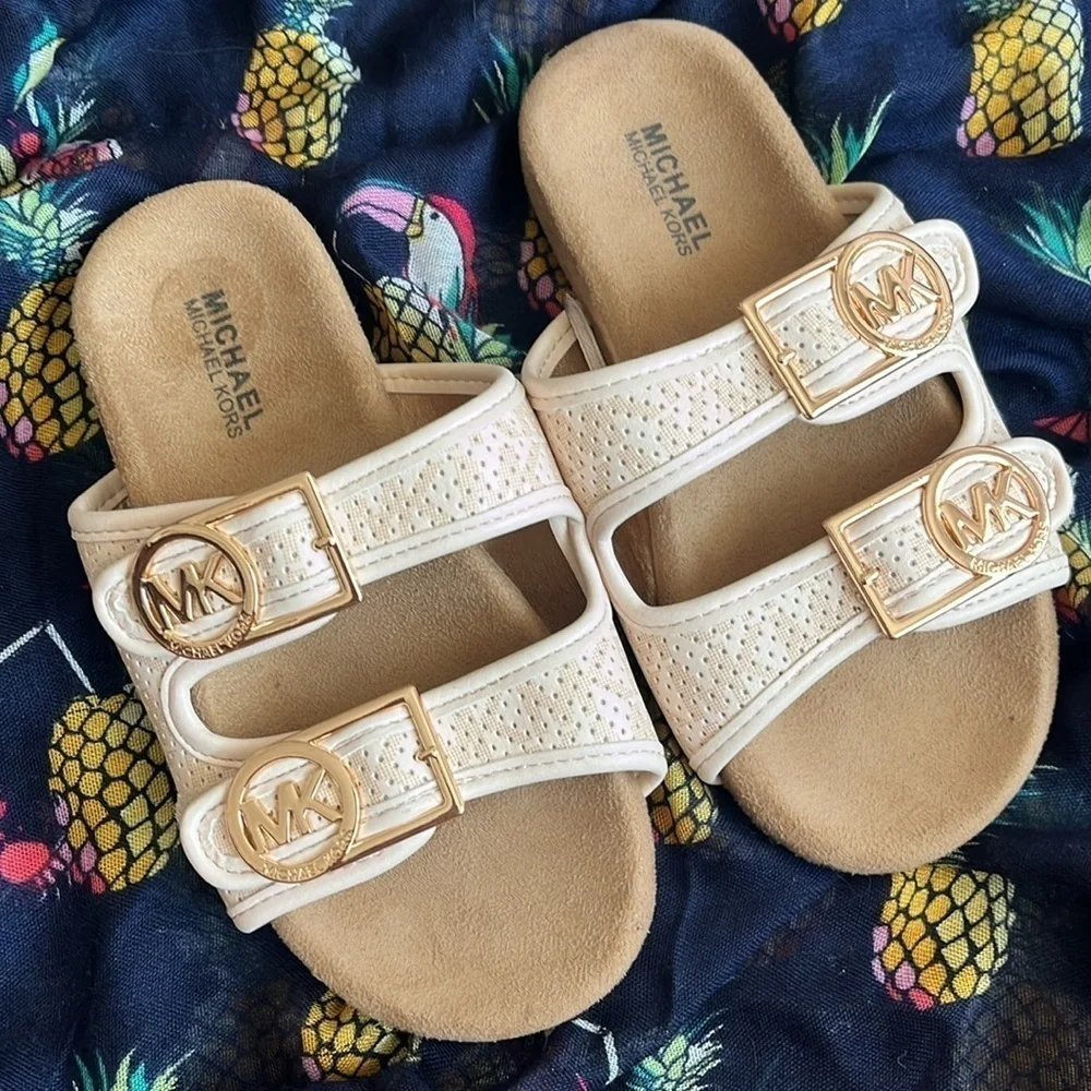 Brand New Michael Kors Zoria Adjustable Strap Slides Sandals Blush Gold Tone